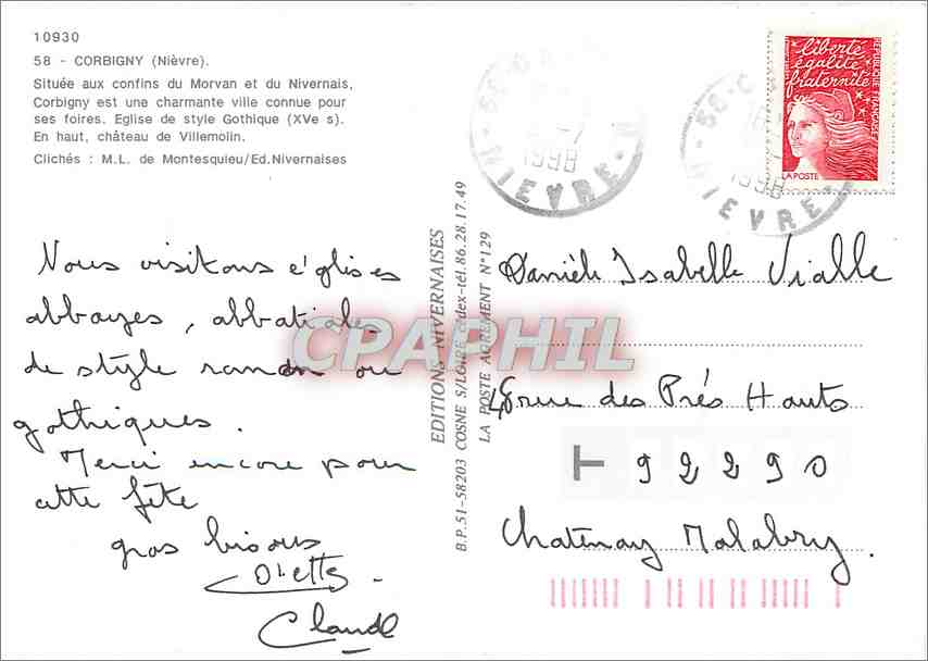 CPM Corbigny (Nievre) Situe aux Confind du Morvan et du Nivrnais — Rückseite