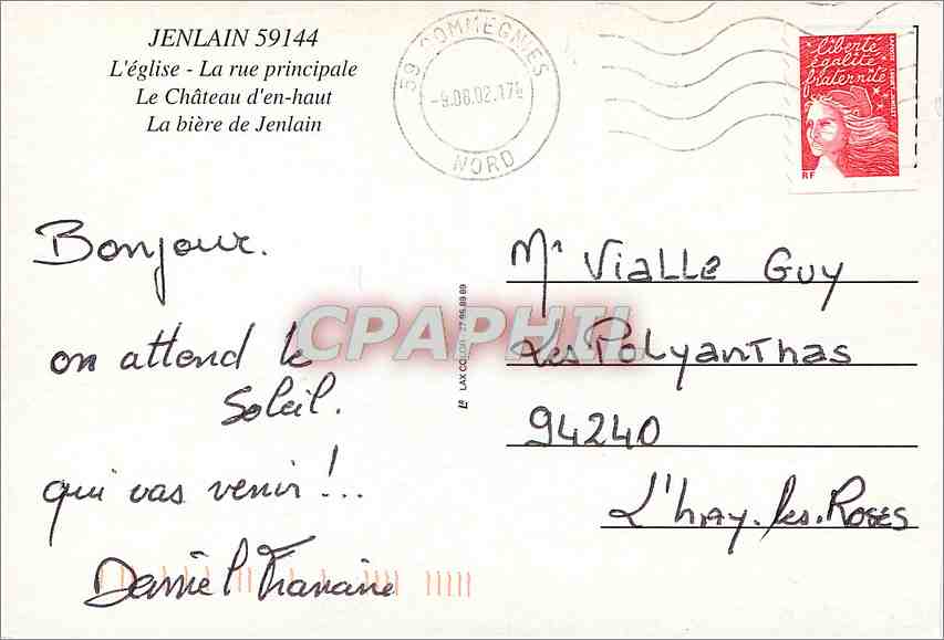 CPM Jeqnlain L'Eglise la rue principale le chateau le biere de Jenlain — Rückseite