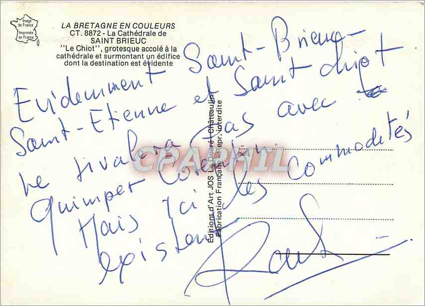 CPM La Bretagne en coulerus La Cathedrale de St Brieuc Le Chiot — Rückseite