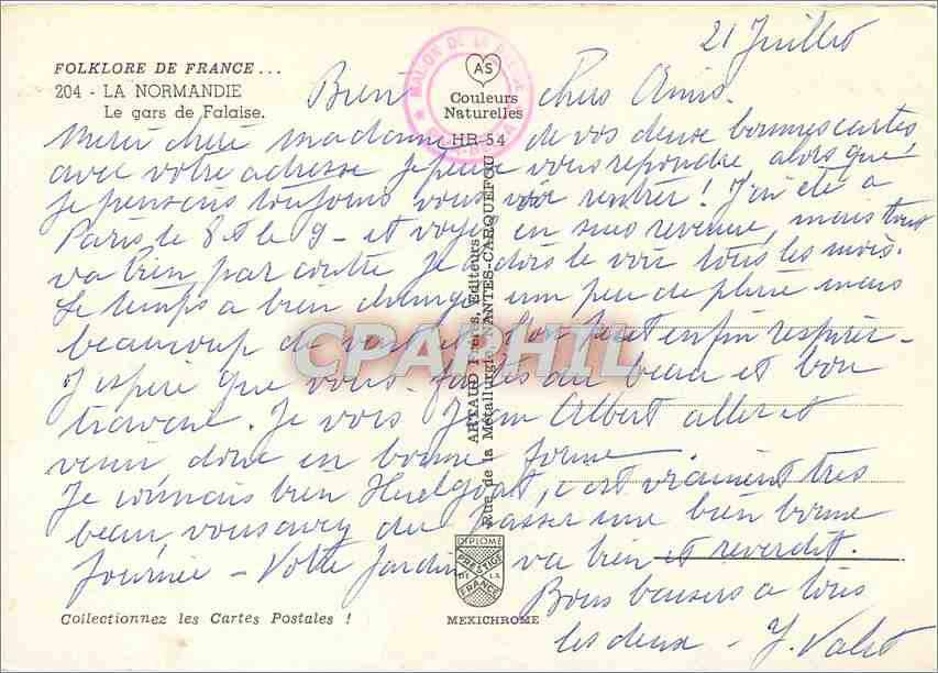 CPM Foklore de France La Normandie Le gars de Falaise — Rückseite