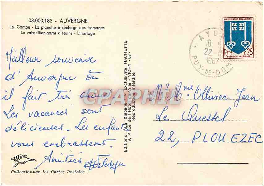 CPM Auvergne Le Cantou la Planche a sechage des Froamges le Vaissellier gami d'etains l'horloge — Rückseite