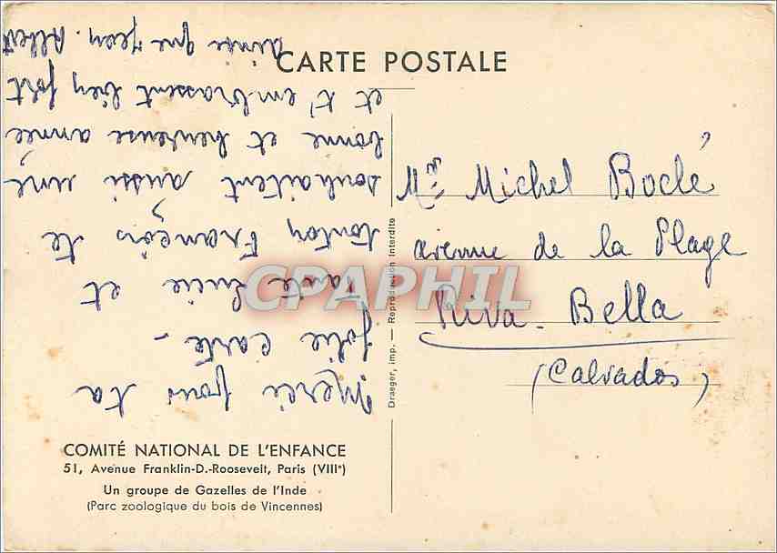 CPM Comite National de l'Enfance Avenue Francklin Rousevelt Paris (VIIIe) Un groupe de Gazelles de l — Rückseite