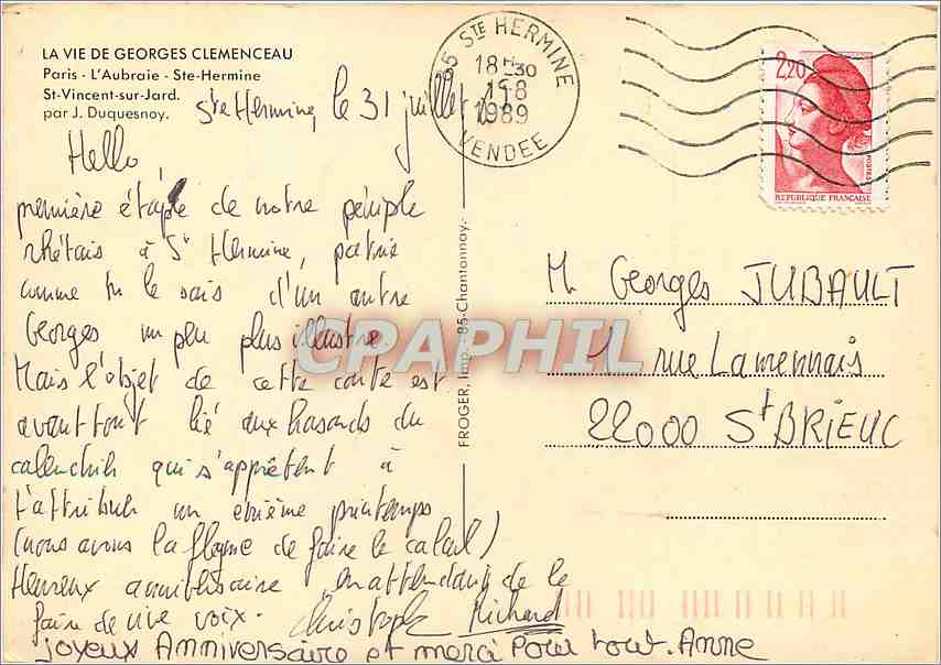 CPM La vie de Georges Clemenceau Paris l'Aubraie St Hermine St Vicent sur Jard — Rückseite