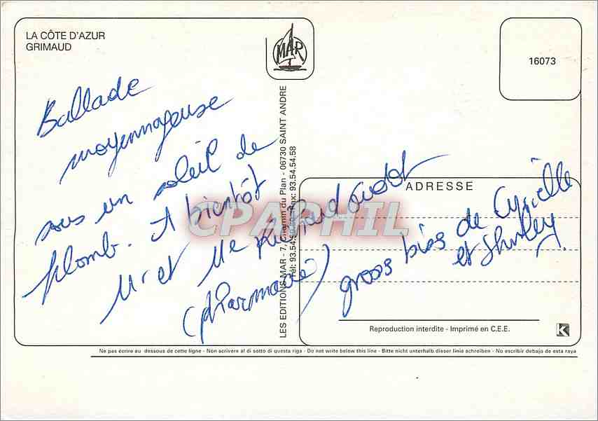 CPM La Cote d'Azur  — Verso