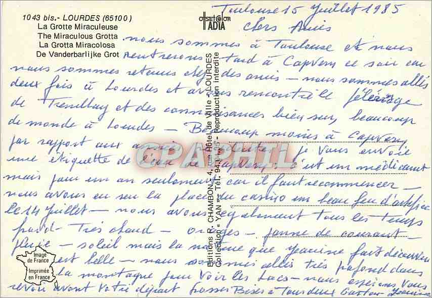 CPM Lourdes La Grotte Miraculeuse — Verso