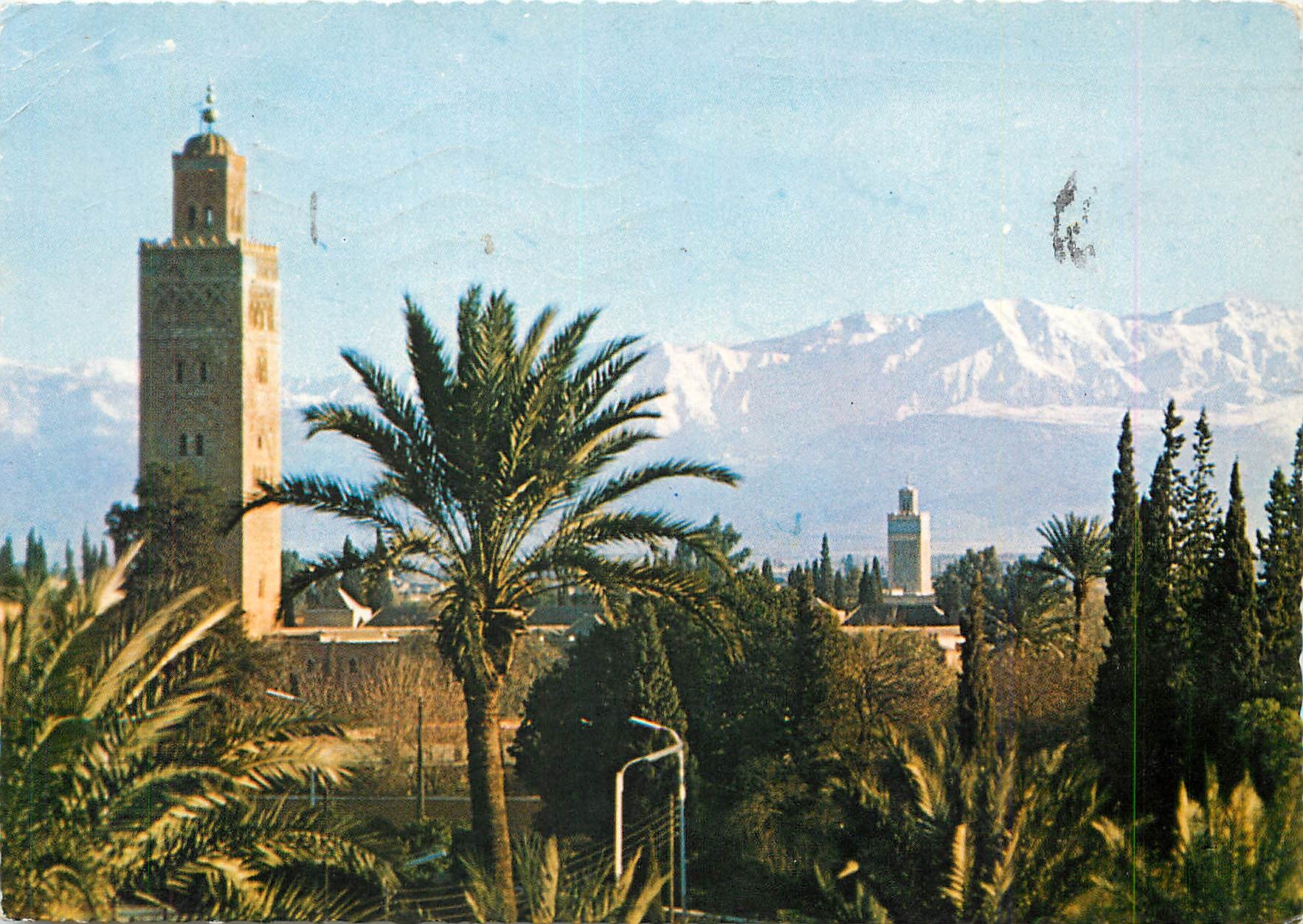 CPM Le Maroc Pittoresque Marrakech Koutoubia et grand Atlas