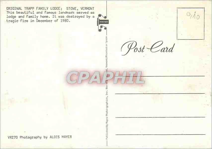 CPM Original Trapp Familu Lodge Stome Vermont — Rückseite