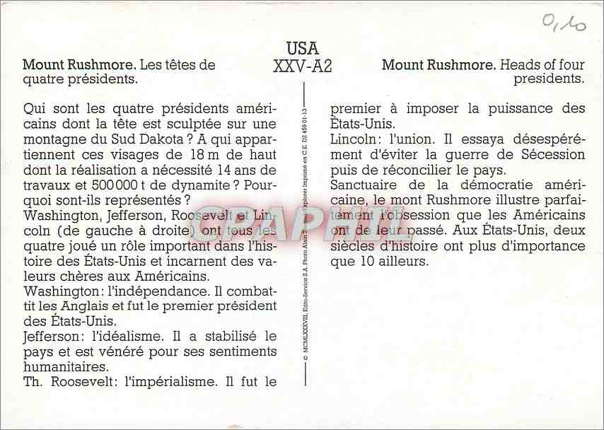 Mount Rushmore — Les têtes de quatre présidents — USA XXV-A2 — Rückseite
