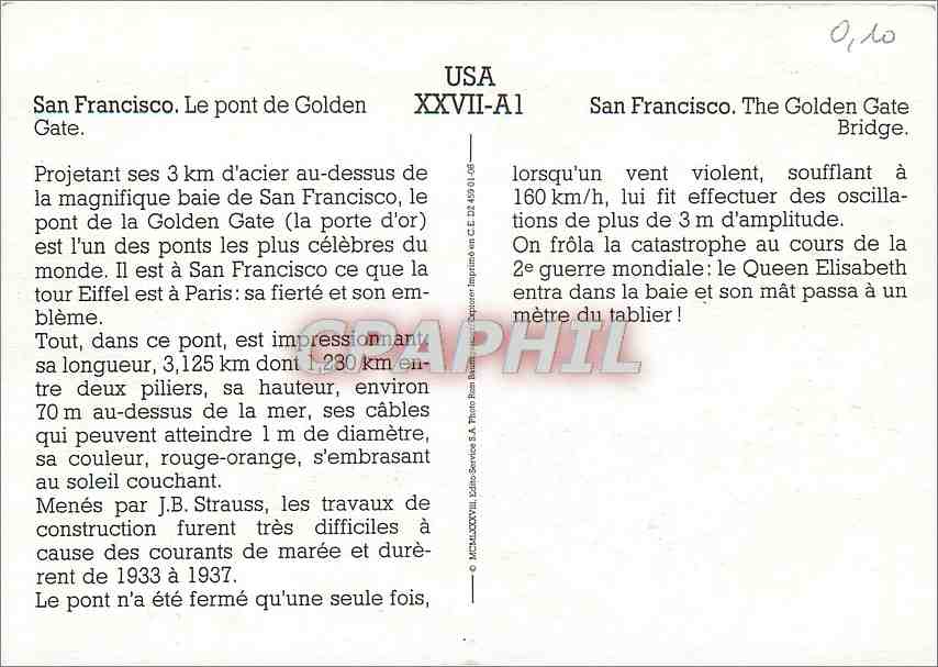 San Francisco — Le pont de Golden Gate — Éditeur CPAPHIL, n° XXVII-A1 — Rückseite