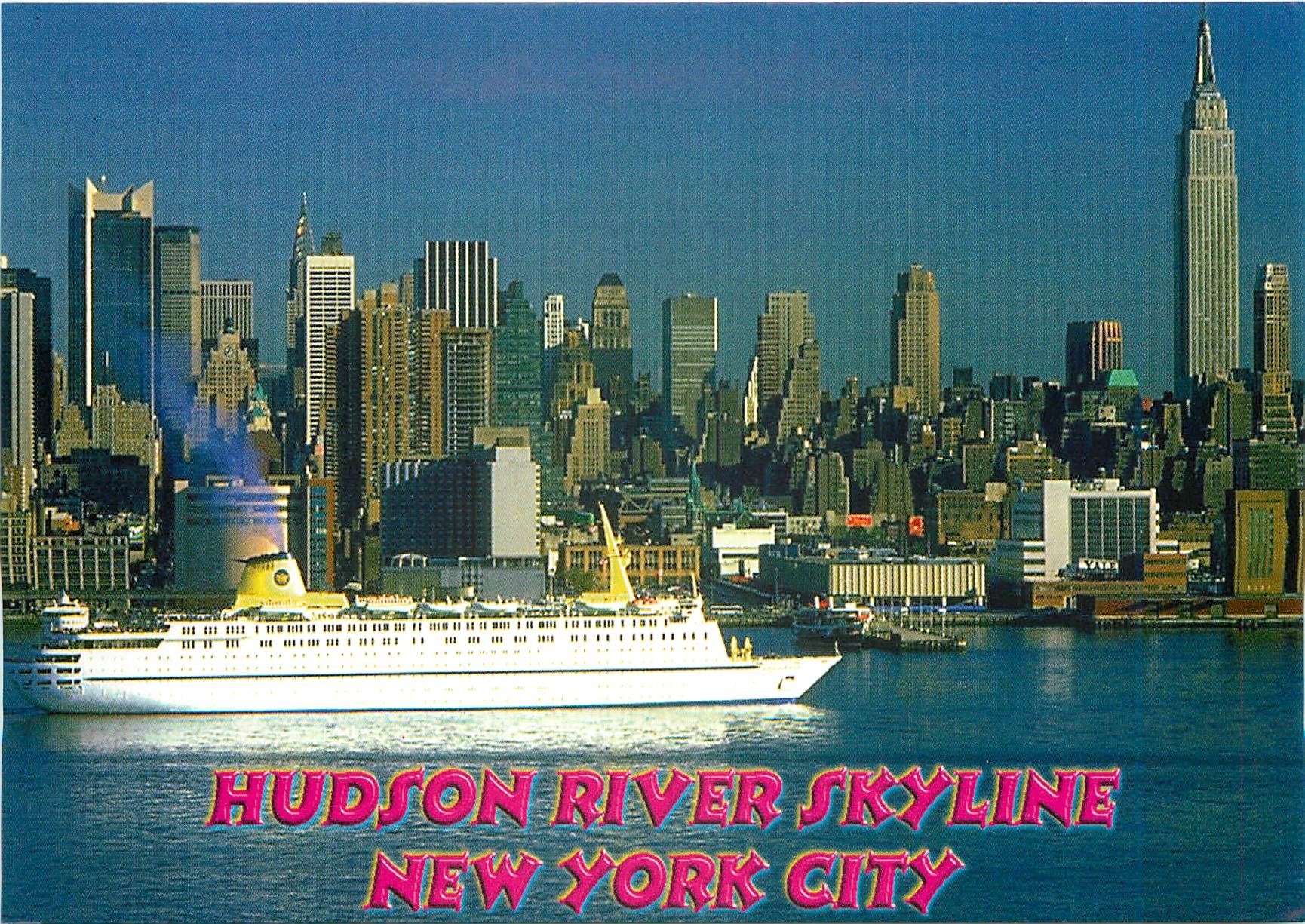 CPM New York City Skyline With ocean liner Cruising down the Hudson river Beading out to sea