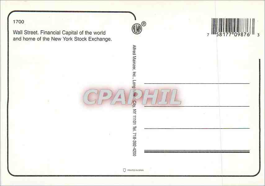 CPM Wall Street Financial Capital of the World and home of the New York Stock Exchange — Rückseite