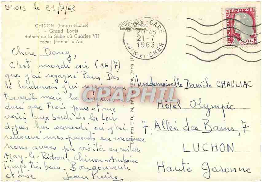 CPM Chinon (Indre et Loire) Grand Logis Ruines de la Salle ou Charles VII recut Jeanne d'Arc — Rückseite