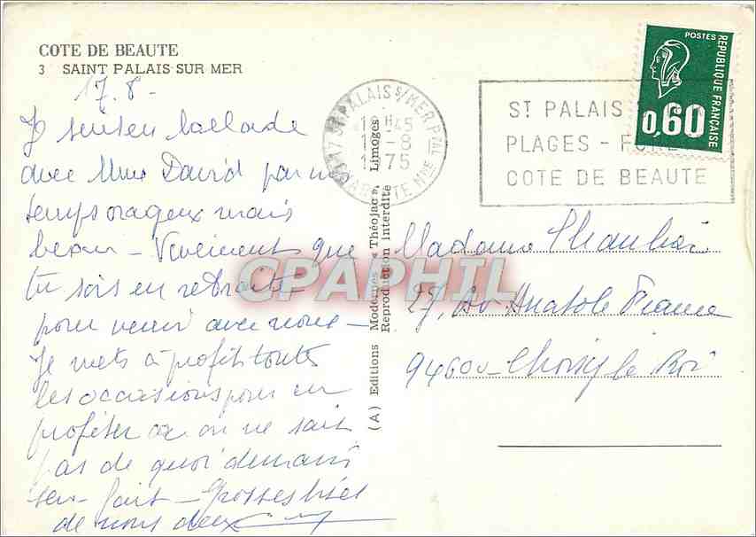 CPM Cote de Beaute Saint Palais sur mer Phare — Rückseite