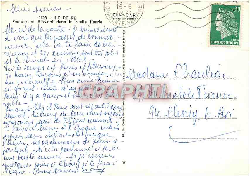 Femme en Kiss-not dans la ruelle fleurie — Ile de Ré — éditeur CPAPHIL, n° 1608 — Rückseite