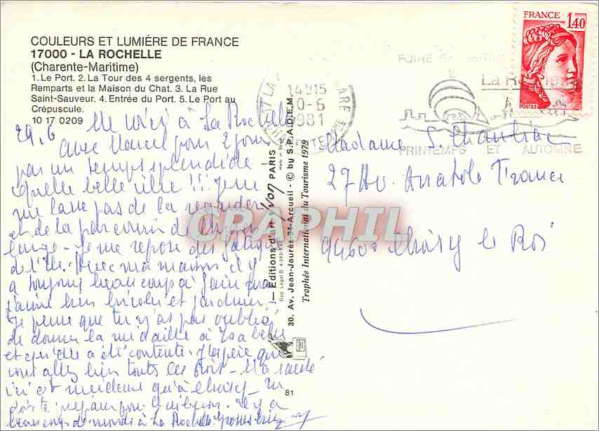 CPM La Rochelle (Chte Mme) Le Port La Tour des 4 sergnet les Remparts et la Maison du Chat — Verso