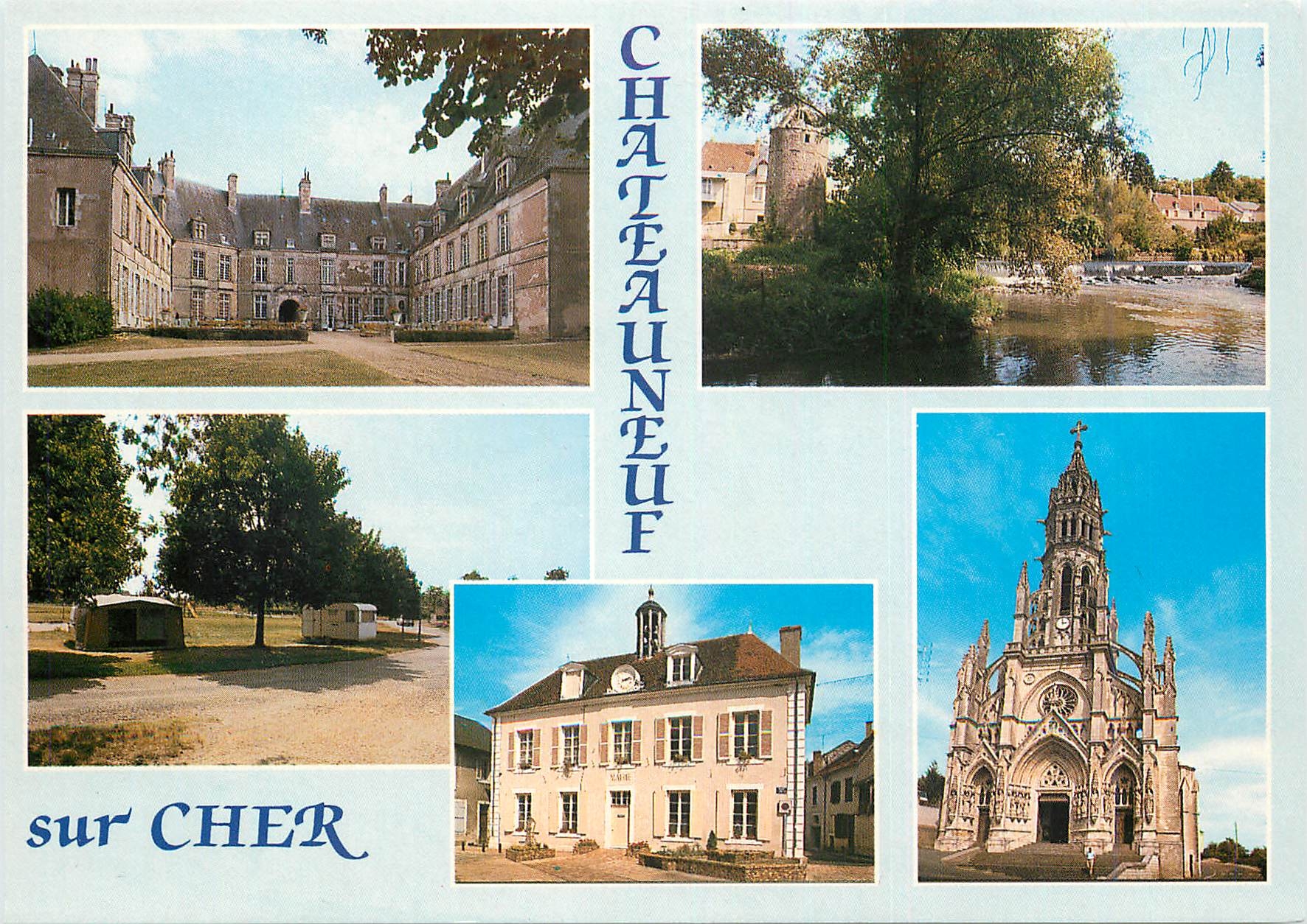 Châteauneuf-sur-Cher — vue du château, de la cascade, de la mairie et de la basilique — éditeur Rousset, n° 9413