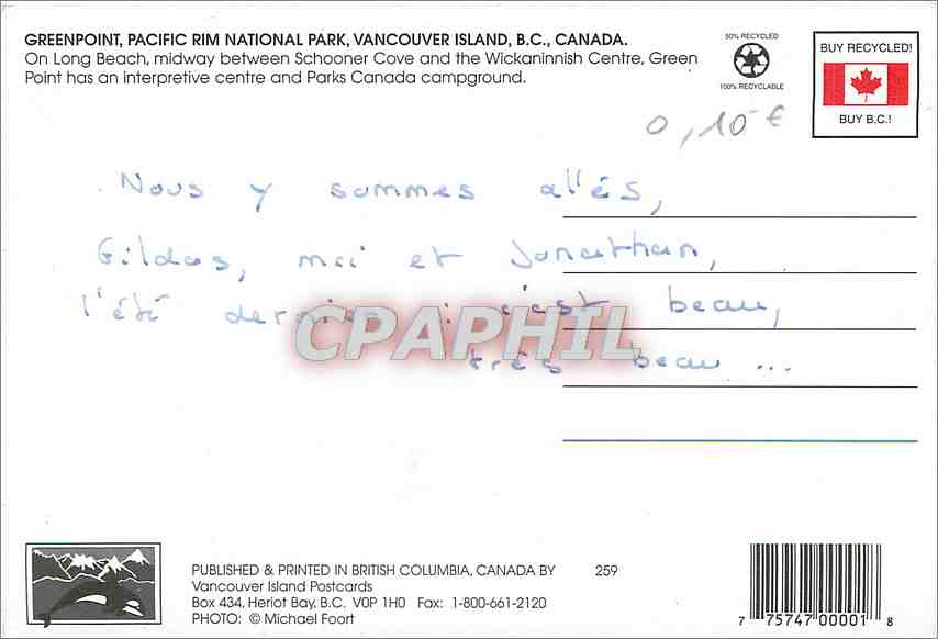 Greenpoint, Pacific Rim National Park — Vancouver Island, B.C., Canada — Vancouver Island Postcards n°259 — Reverso