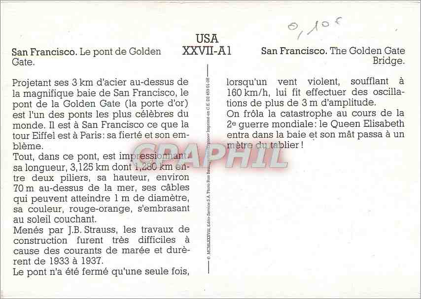 CPM Usa San Francisco Le Pont de Golden Gate — Rückseite