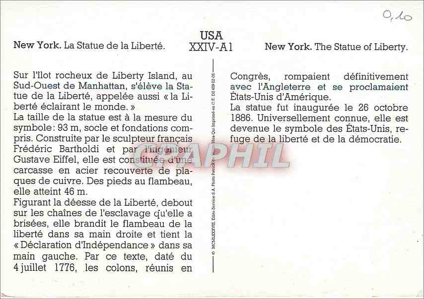 CPM Usa New York La Statue de la Liberte — Rückseite