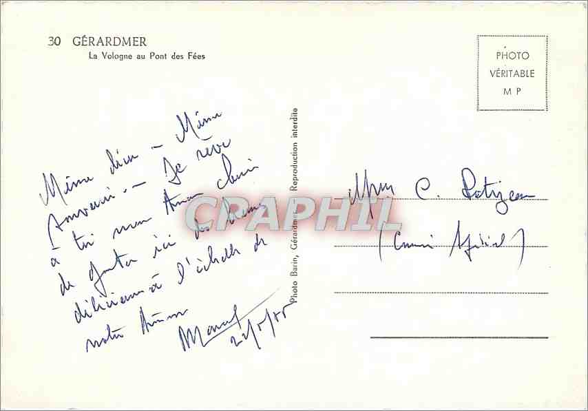 CPM Gerardmer (Vosges) La Vologne au Pont des Fees — Verso