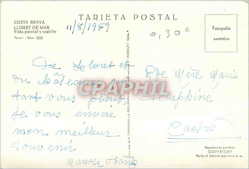 CPM Costa Brava LLoret de Mar Vista parcial y castillo — Rückseite