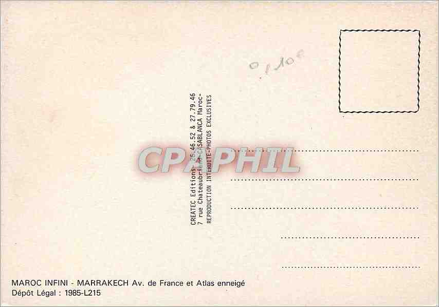 CPM Maroc Infini Marrachkerch Av de France et Atalas enneige — Back