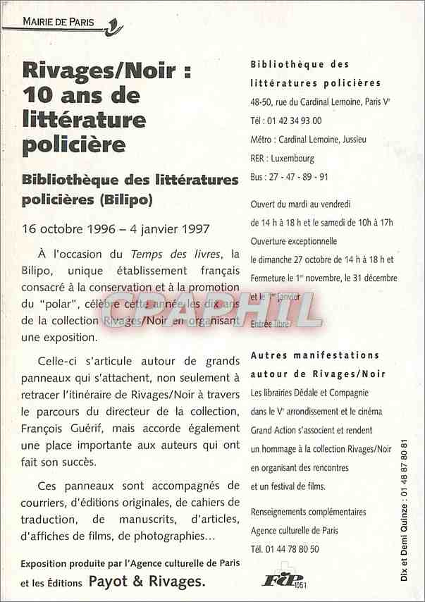 CPM Rivages Noir 10 ans de litterature policiere Paris — Rückseite