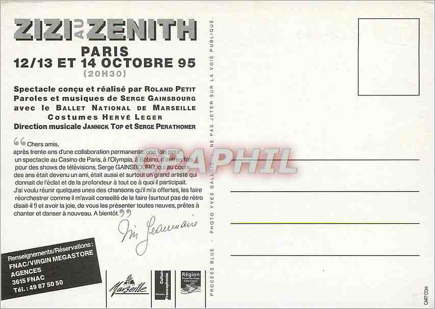 CPM Ballet National de Marseille Roland Petit zizi au zenith Serge Gainsbourg  — Rückseite