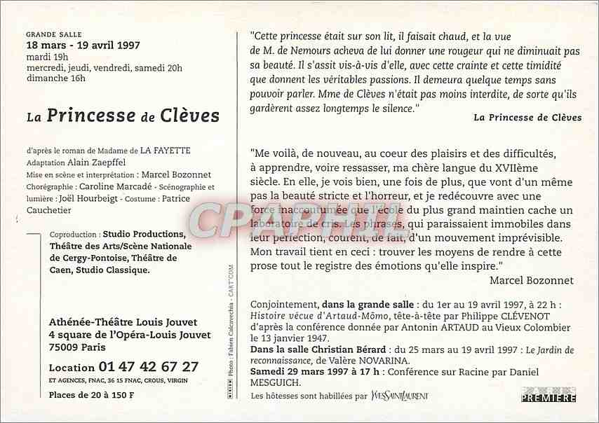 CPM La princesse de Cleves Athenee Theatre Louis Jouvet — Rückseite