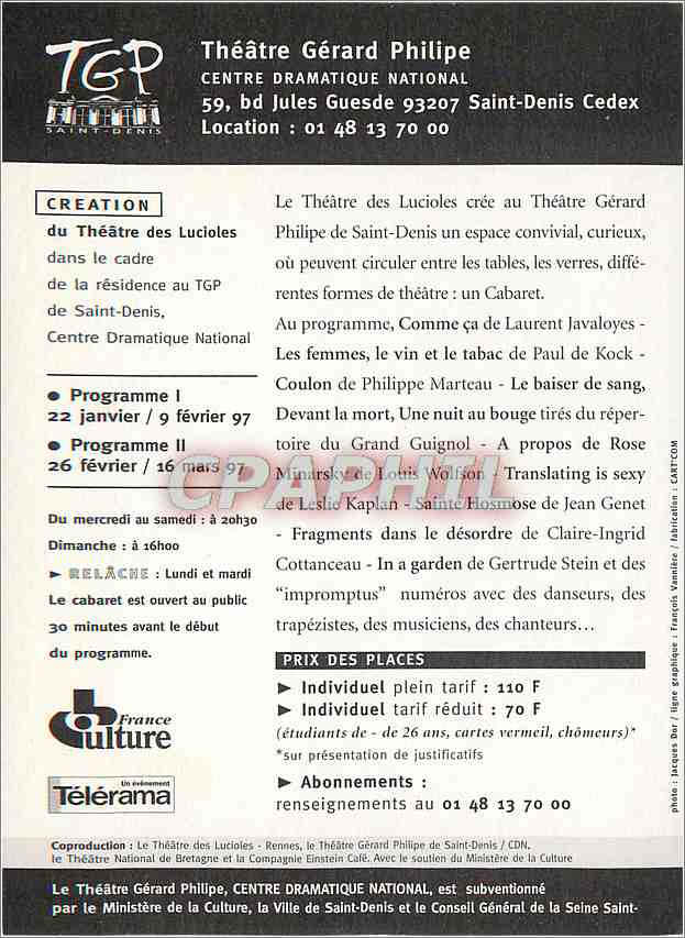 CPM Cabaret lucioles Saint Denis Theatre Gerard Philippe — Rückseite