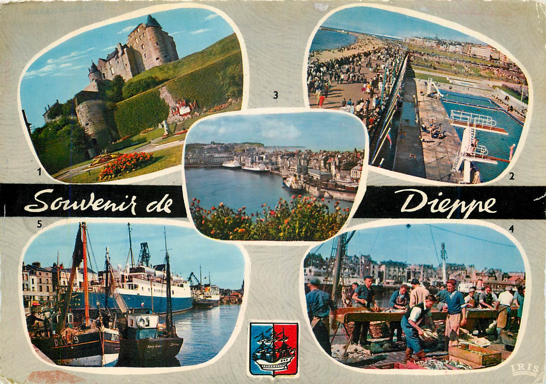 CPM Dieppe (S M) Le Chateau La Piscine et la Plage le Port et les Courriers d'Angleterre le Triage d