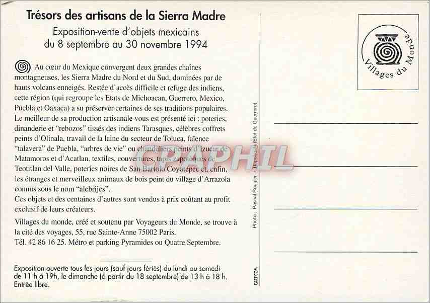 CPM Tresors des artisans de la Sierra Madre — Verso