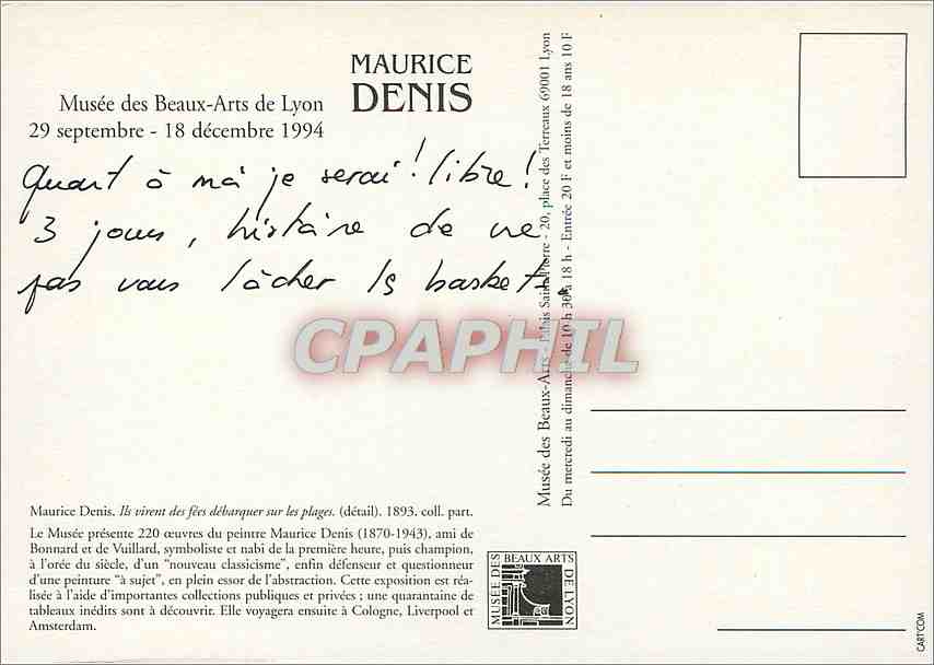 CPM Maurice Denis Musee des Beaux Arts de Lyon 29 sept 18 decembre 1994 — Rückseite
