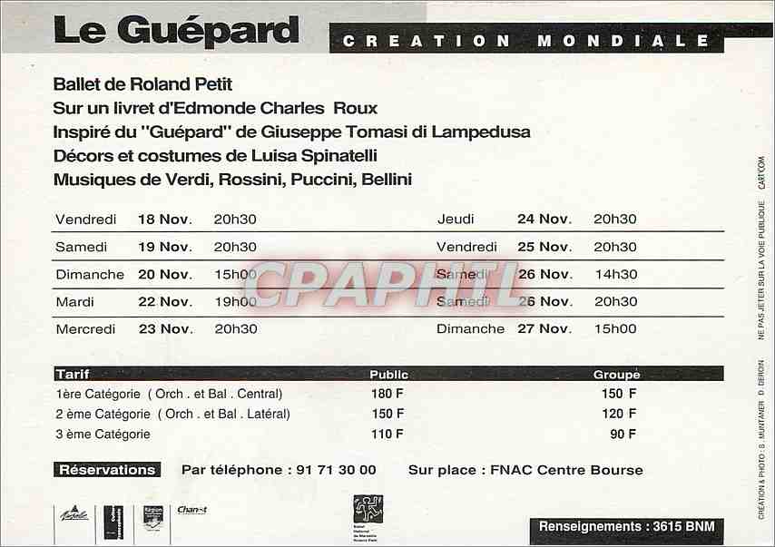 CPA Le Guepard du 18 au 27 novembre 94 Opera de Marseille — Verso