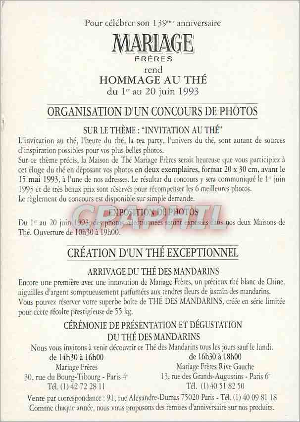 CPA Mariage Freres rend Hommage au The du 1er au 20 juin 1993 — Rückseite