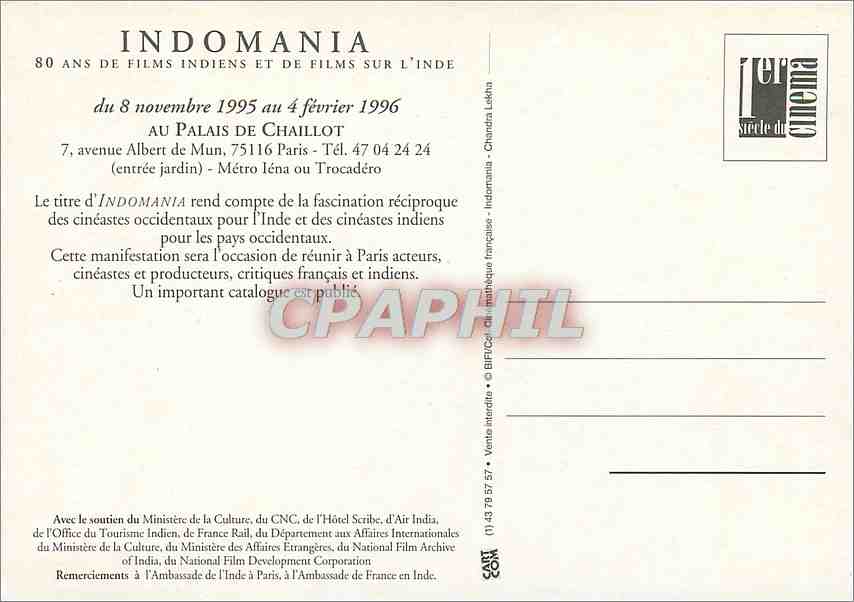 CPA Indomania Du 8 novembre 1995 au 4 fev 1996 Cinematheque Cinema Inde India — Rückseite