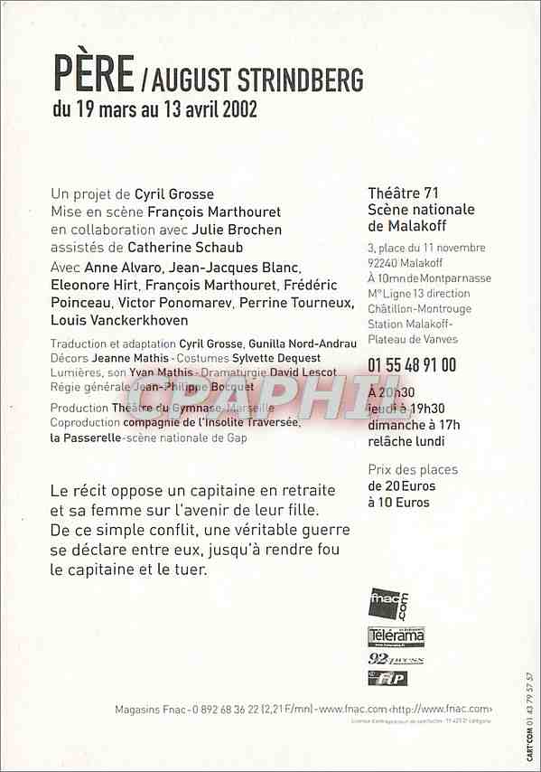 CPA Pere august Strindberg du 19mars au 13 aveil 2002 Theatre Malakoff — Rückseite