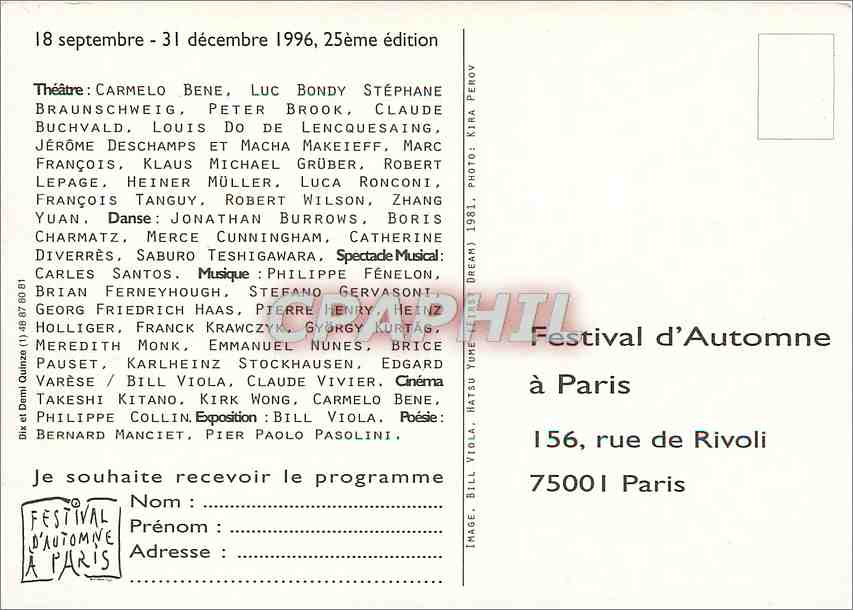 CPA Festival d'Automne a paris 1996 — Rückseite