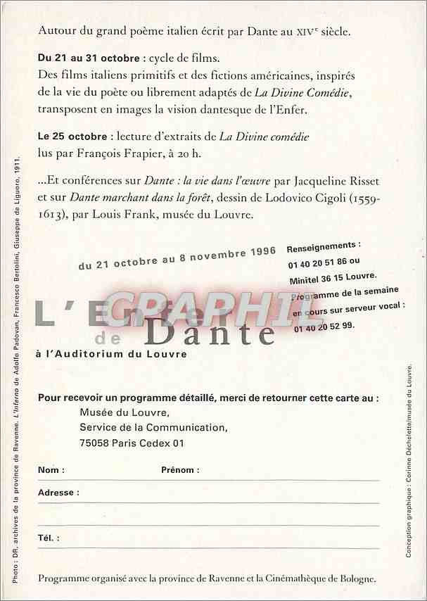 CPM du 21 act au 8 novenmbre 1996 cycle de films conferences lecture l'enfer de Dante — Verso