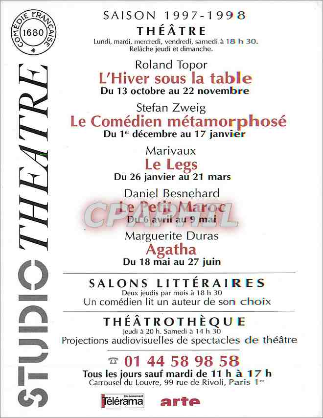 CPM Saison 1997 1998 Theatre Roland Topor l'hiver sous table du 13 oct au 22 novembre Paris Comedie 