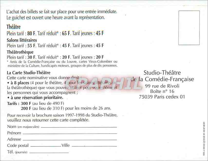 CPM Saison 1997 1998 Theatre Roland Topor l'hiver sous table du 13 oct au 22 novembre Paris Comedie  — Verso
