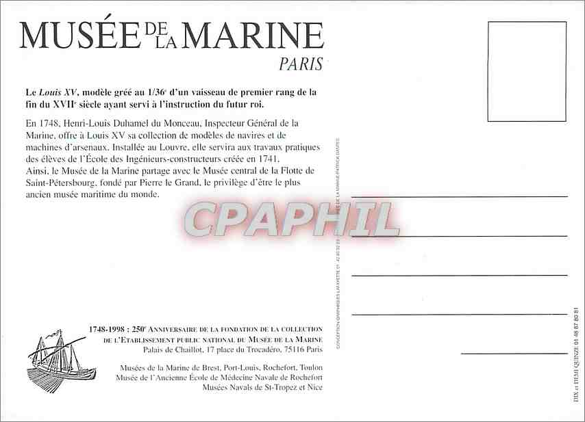CPM Musee de la Marine 1748 1998 Bateau Paris — Verso