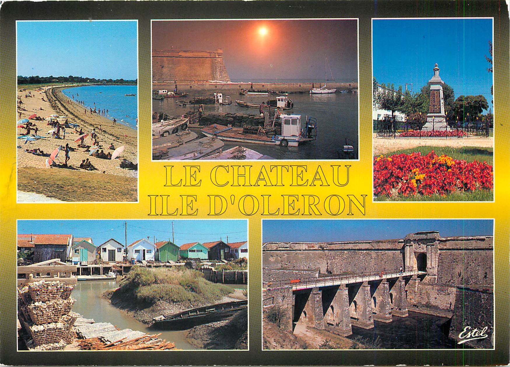 CPM le chateau au ile d'Oleron (Charente Mme) la plage le port le monument aux Morts le chenal et l'