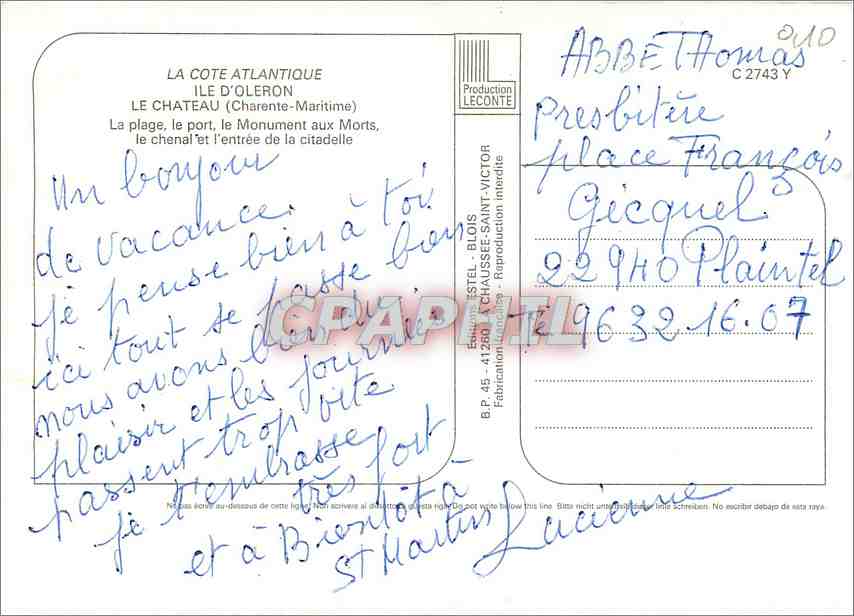 CPM le chateau au ile d'Oleron (Charente Mme) la plage le port le monument aux Morts le chenal et l' — Rückseite