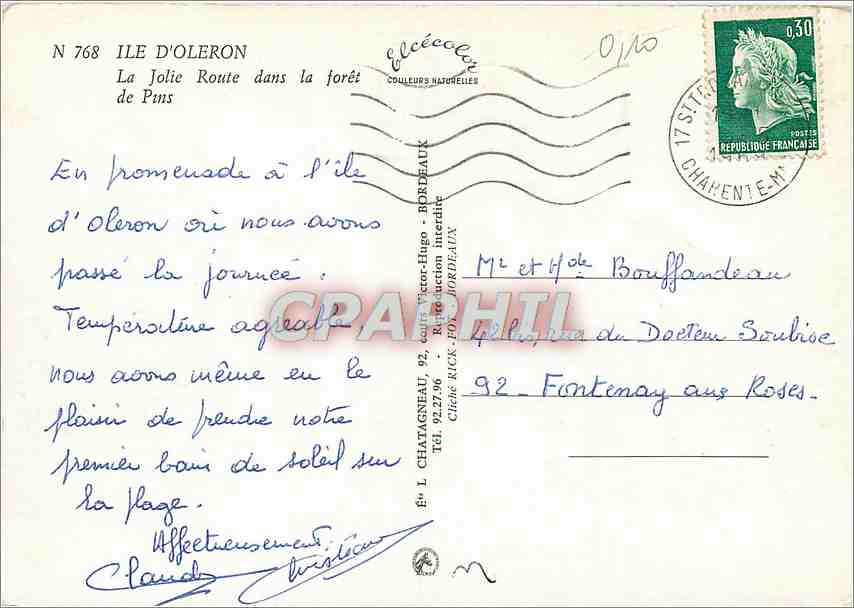 CPM Ile d'Oleron (Chte Mme) La jolie Route dans la foret de Pins — Rückseite