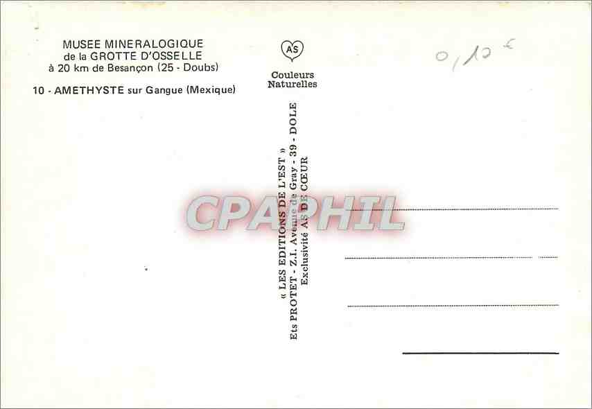 Améthyste sur Gangue — Musée Minéralogique de la Grotte d'Osseille — Éditions Protet — Verso