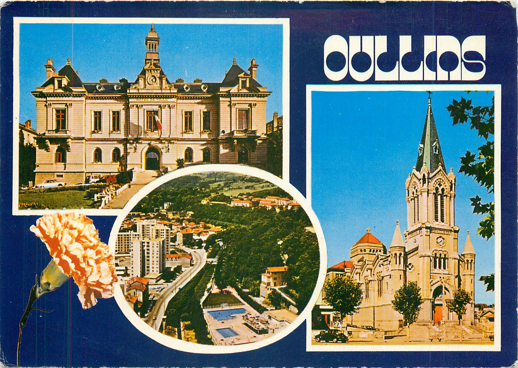 Oullins — vue de la mairie, de l'église et du paysage — Imprimerie Combier