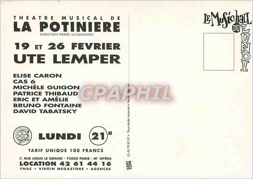 CPM Theratre Musical de la Potiniere 19 et 26 fevrier ute lemper — Rückseite