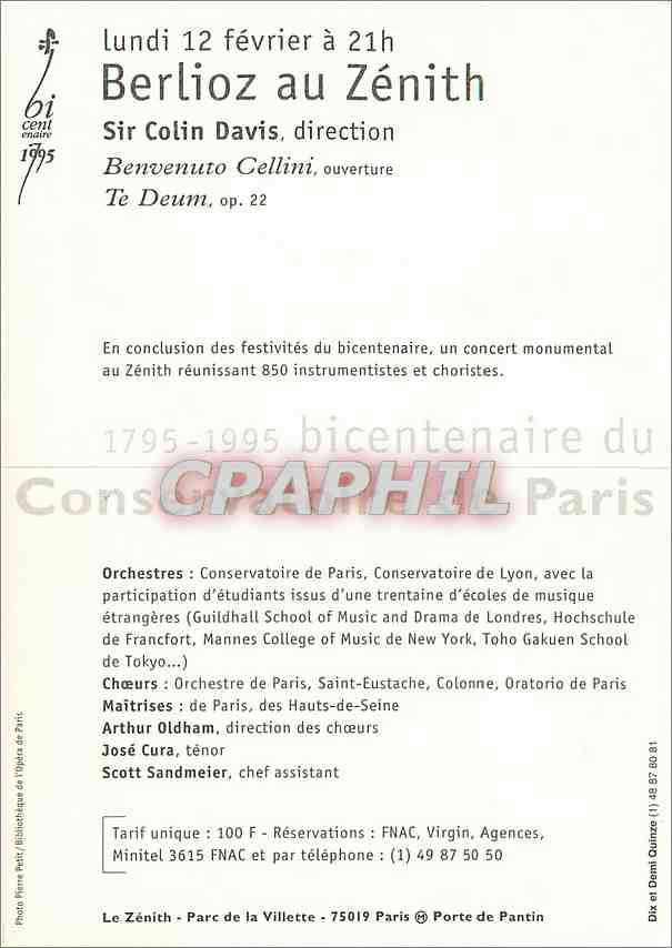 CPM 1795 1995 bicentenaire du conversatoire de Paris Berlioz — Verso