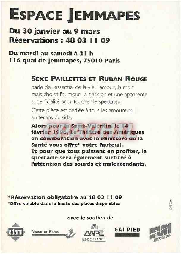 CPM Theatre des Ameriques presente Sexe Paillenttes et Ruban Rouge Jemmapes — Verso